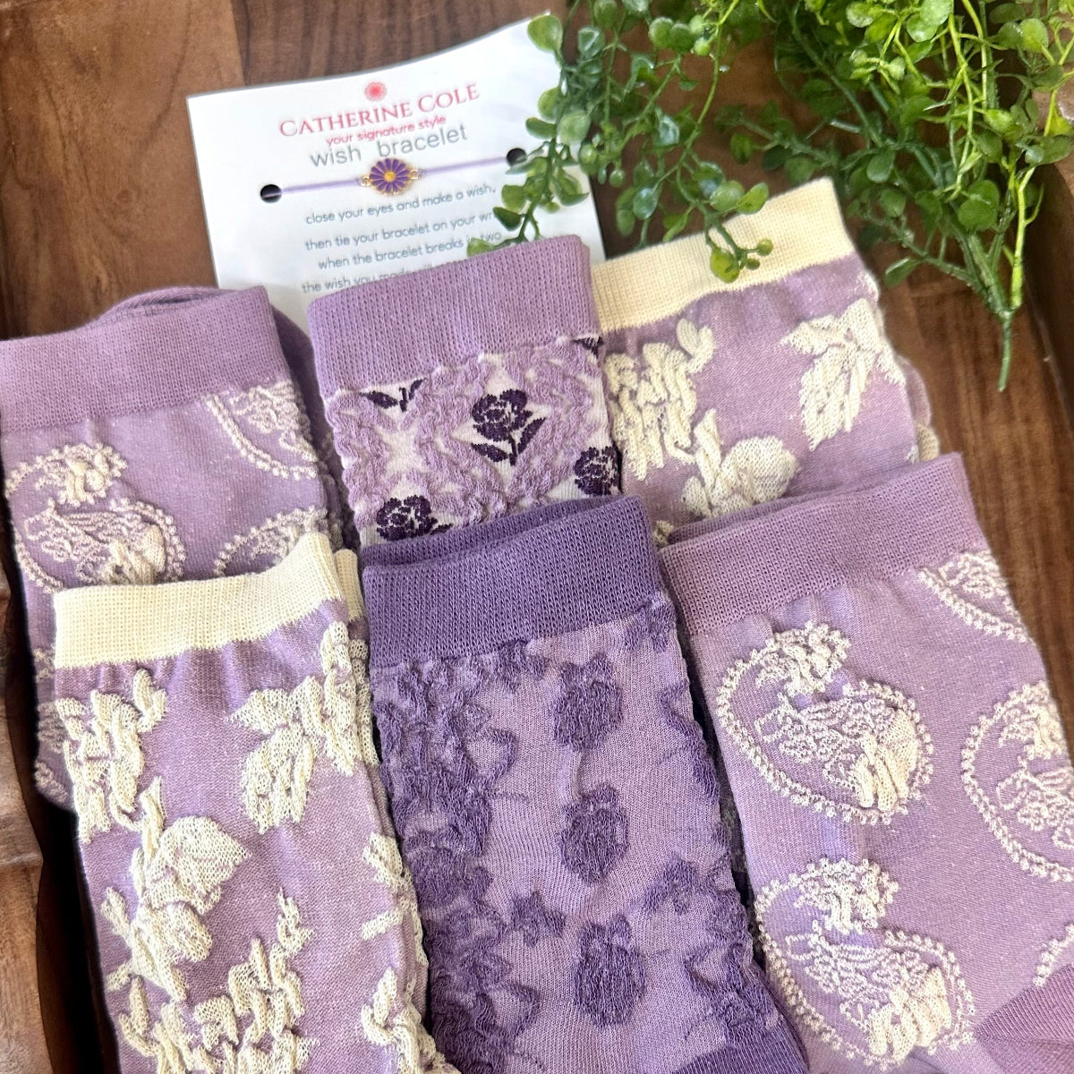 Purple Lovers 3-Pack Ankle Sock Bundle + Handmade Wish Bracelet | Novelty Socks by Catherine Cole