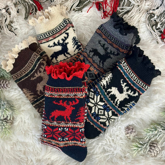 REINDEER patterned lace topped ankle socks - winter boot socks, short boot socks, socks for booties, ruffle top socks ladies,  Catherine Cole signature socks