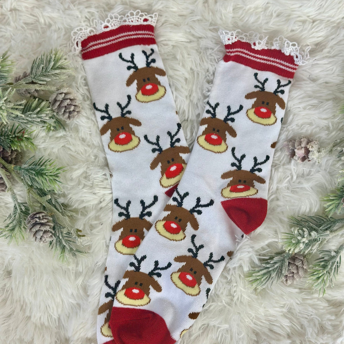 RUDOLPH  red reindeer lace topped socks
