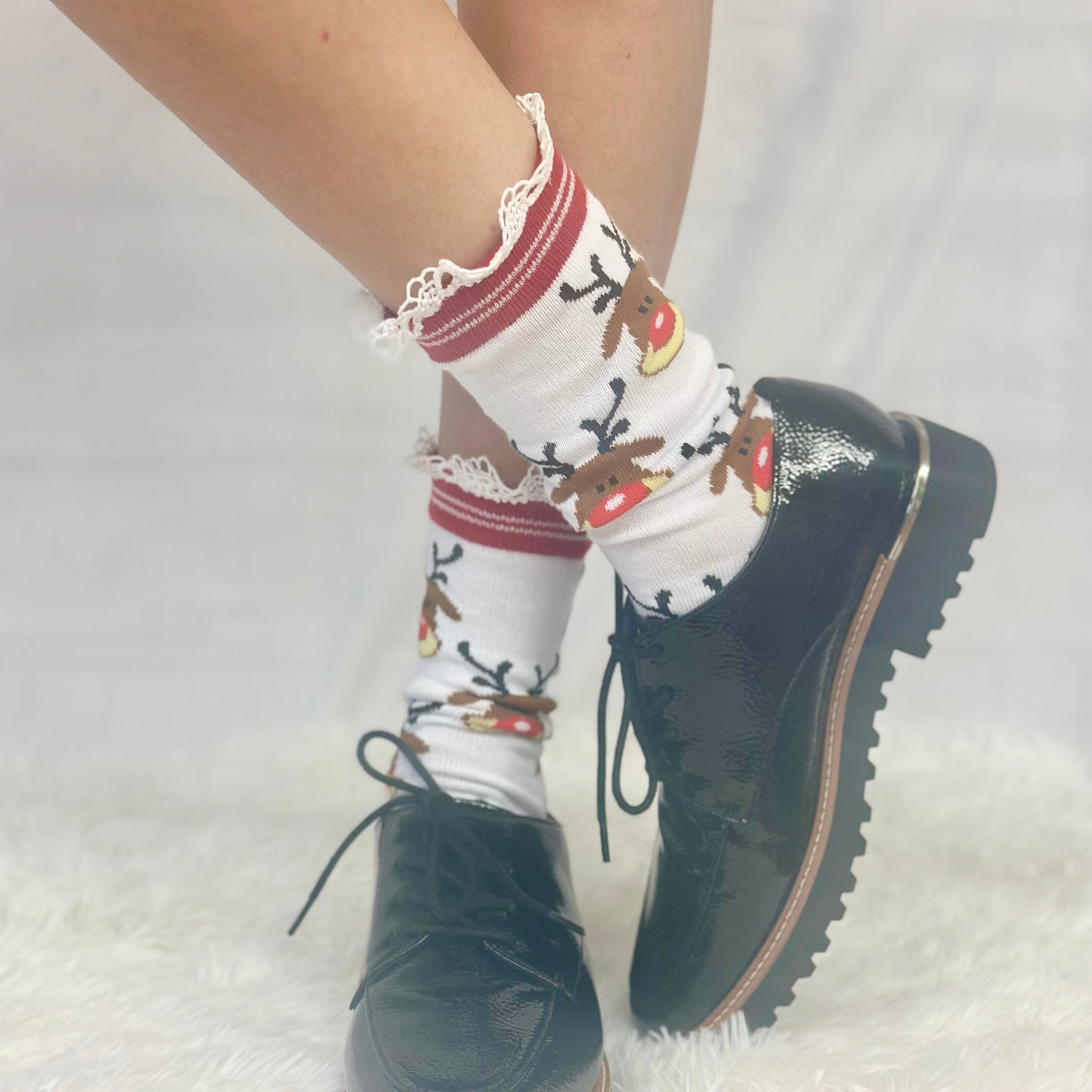 RUDOLPH  red reindeer lace topped socks