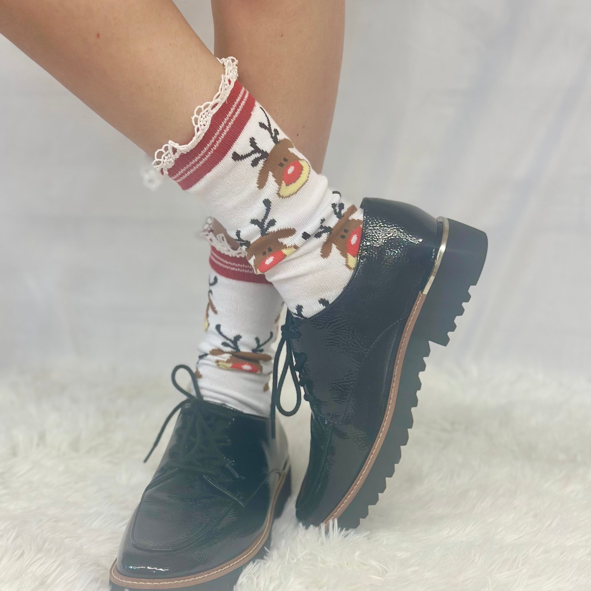 RUDOLPH  red reindeer lace topped socks