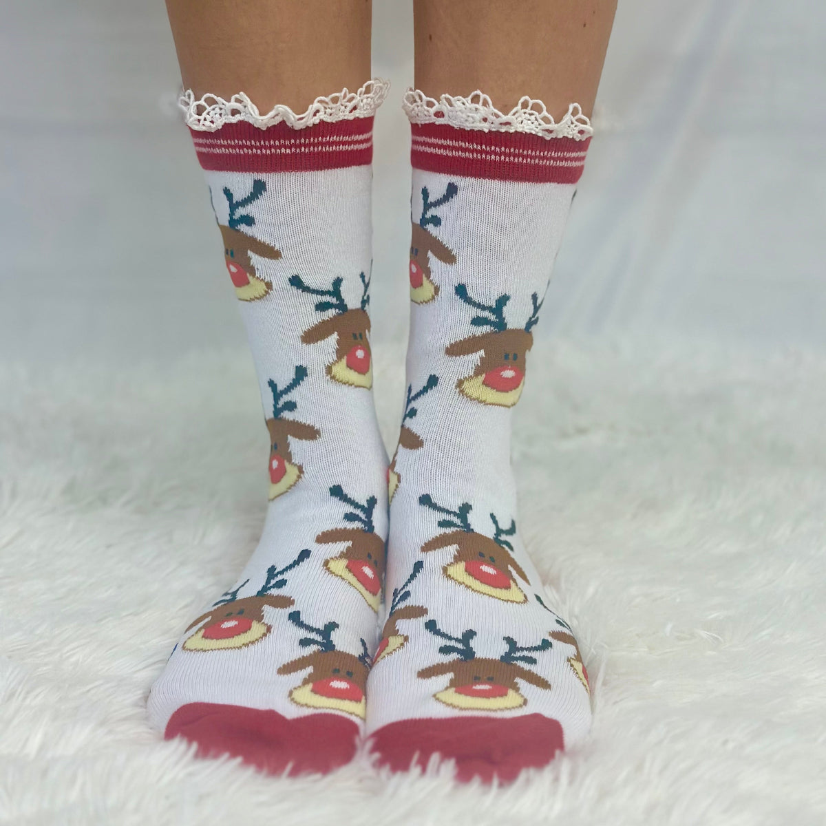 RUDOLPH  red reindeer lace topped socks
