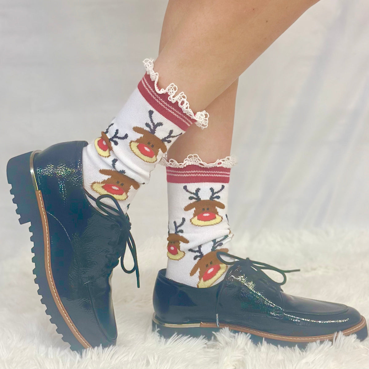 RUDOLPH  red reindeer lace topped socks