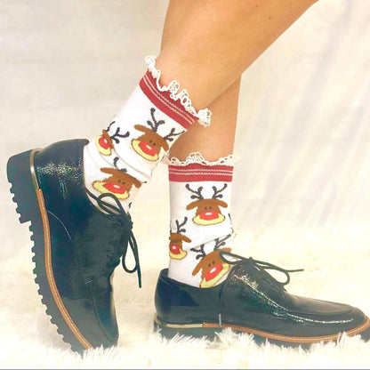 Red reindeer lace topped socks with Rudolph design"
"RUDOLPH Christmas socks with natural cotton lace trim"
"Festive red holiday socks with reindeer pattern close-up"