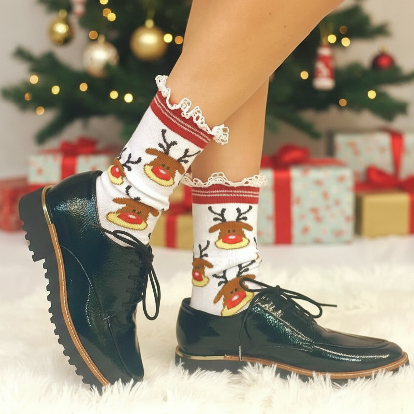 Rudolph Red Reindeer Lace Socks - Christmas Holiday Crew Socks