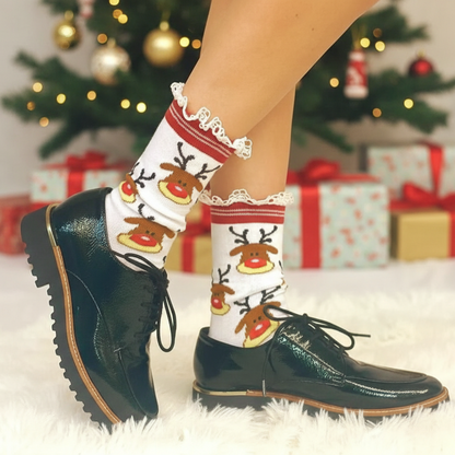 Rudolph Red Reindeer Lace Socks - Christmas Holiday Crew Socks