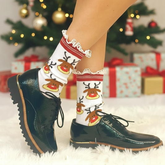 RUDOLPH  red reindeer lace topped socks