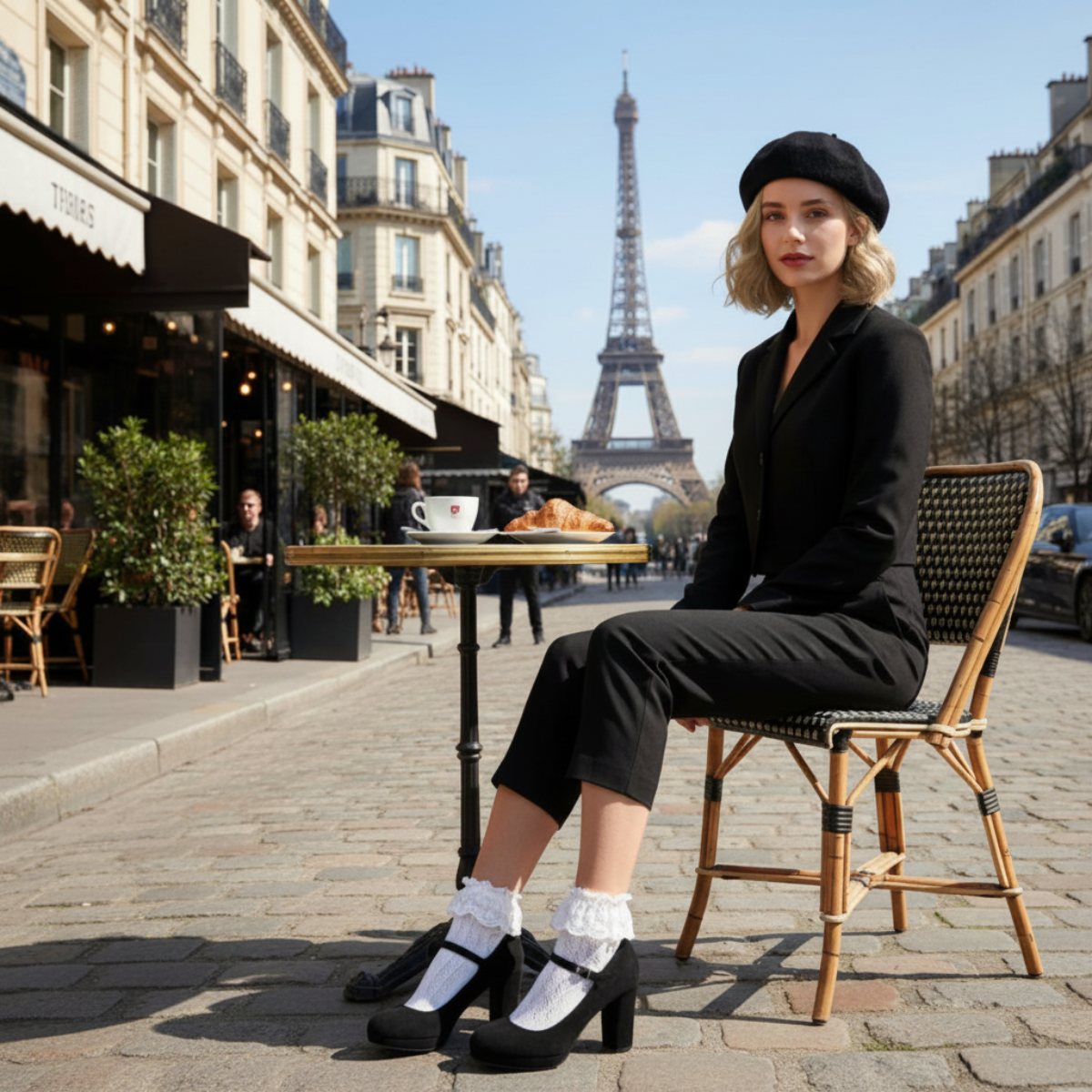 A woman in a black blazer, black pants, black beret, white socks, and black Mary Jane heels sits on a bistro chair at an outdoor cafe table in Paris, with the Eiffel Tower in the background.