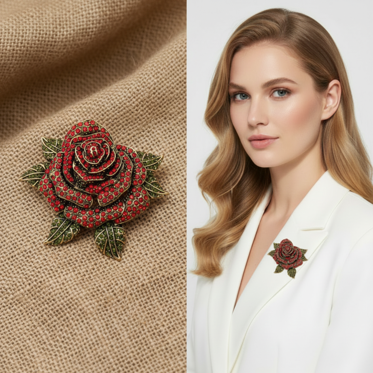 Woman wearing a white blazer with a red rose brooch, next to a close-up of the brooch on a white background. Red Rose Crystal Brooch Pin 3" | Ruby Rhinestone Vintage Brooch