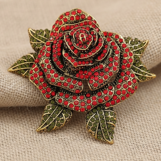 Red Rose Crystal Brooch Pin 3" | Ruby Rhinestone Vintage Brooch y Catherine Cole