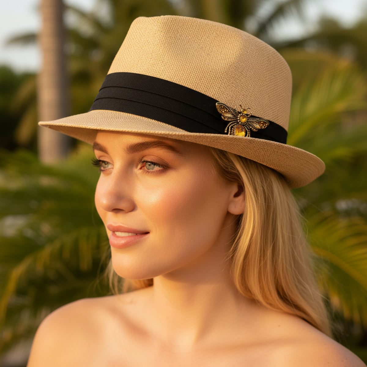 Beige straw hat with a black band featuring a bee emblem on a decorative stand.