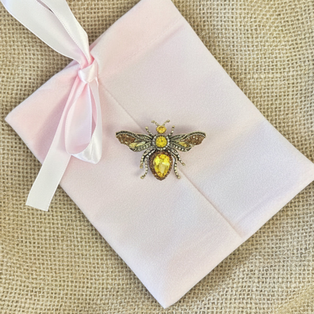 Rhinestone bee brooch pin with pink velvet gift bag and gold ornate frame – Catherine Cole