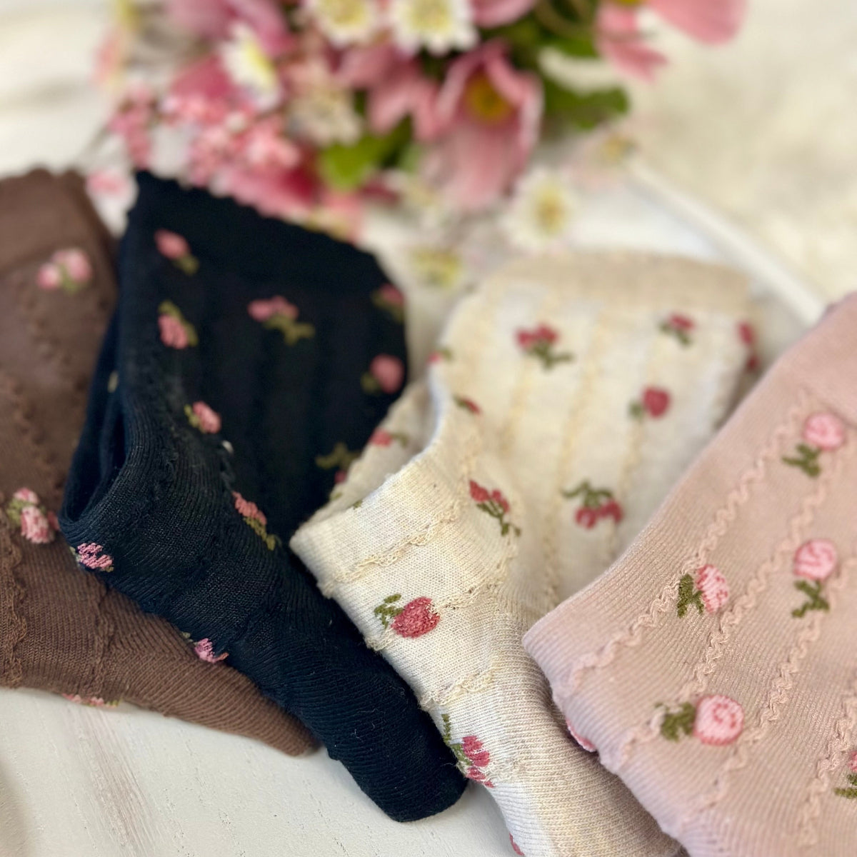 Rosebud Floral Socks 4-Pack Bundle + Wish Bracelet | Women's Ankle Socks Gift Set