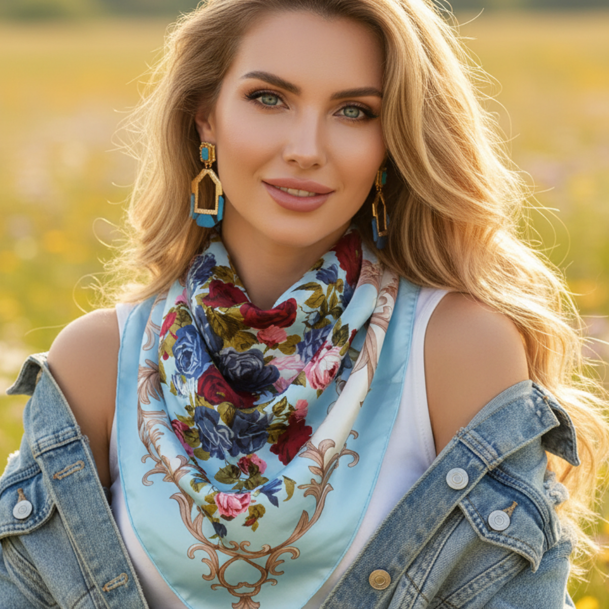 Woman wearing a colorful floral scarf with a denim jacket in a field. Roses & Baroque Silk-Look Square Scarf 35" | Floral Satin Scarf blue