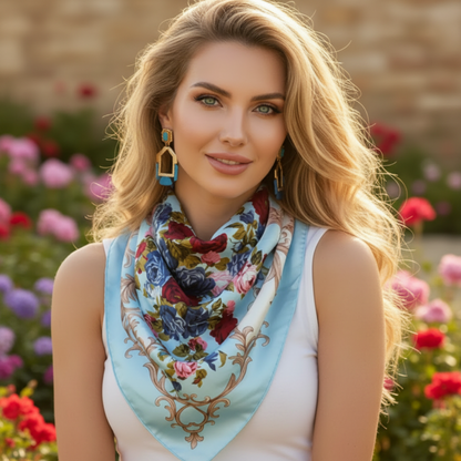 Woman wearing a colorful floral scarf with a denim jacket in a field. Roses & Baroque Silk-Look Square Scarf 35" | Floral Satin Scarf blue