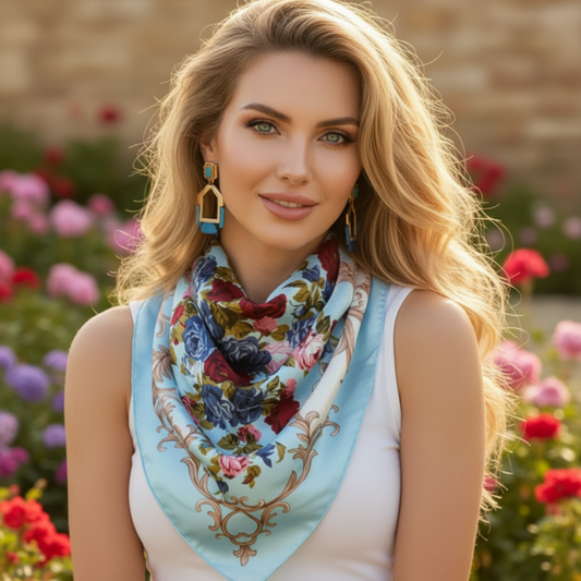 Woman wearing a colorful floral scarf with a denim jacket in a field. Roses & Baroque Silk-Look Square Scarf 35" | Floral Satin Scarf blue
