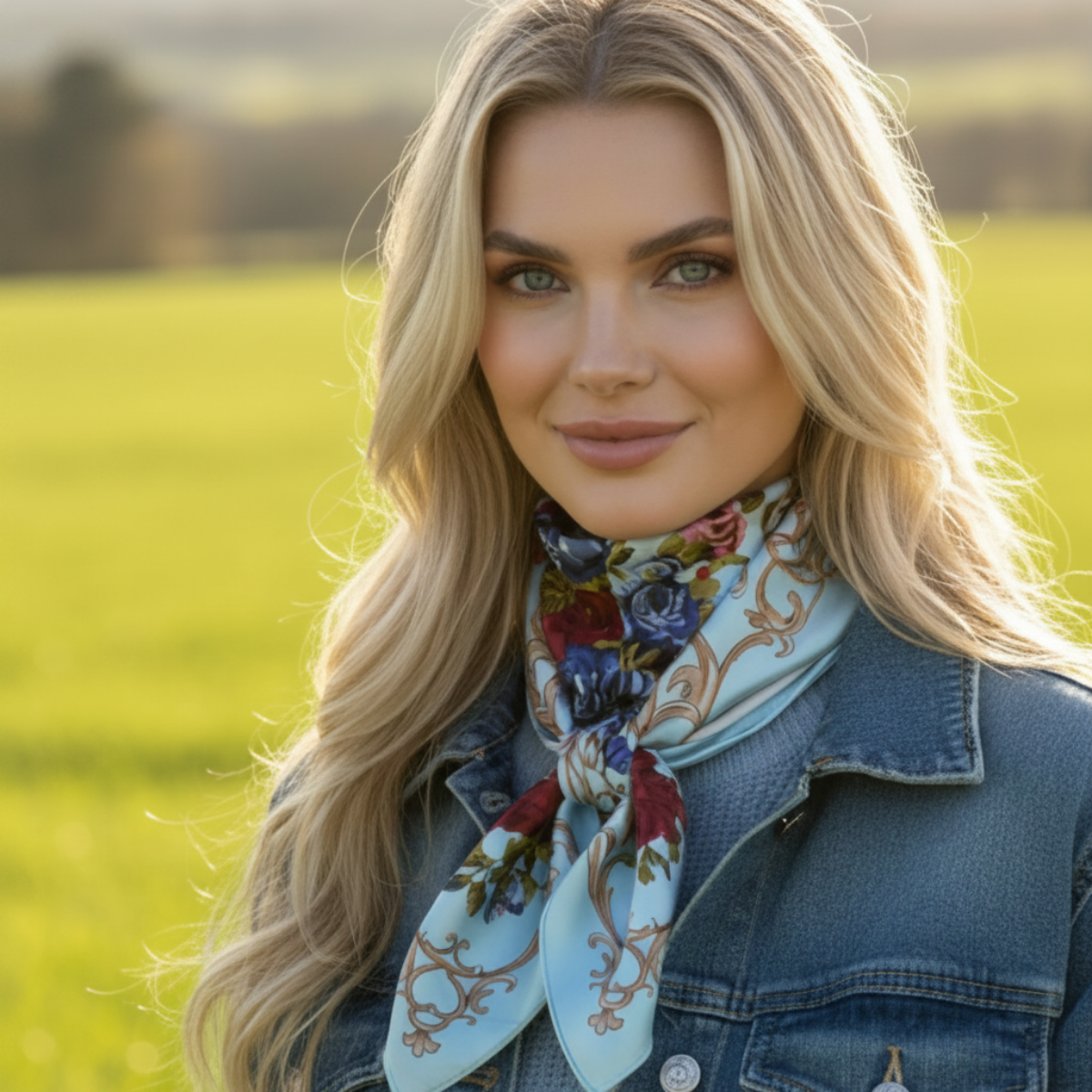 Woman wearing a floral scarf and denim jacket in a field. Roses & Baroque Silk-Look Square Scarf 35" | Floral Satin Scarf blue