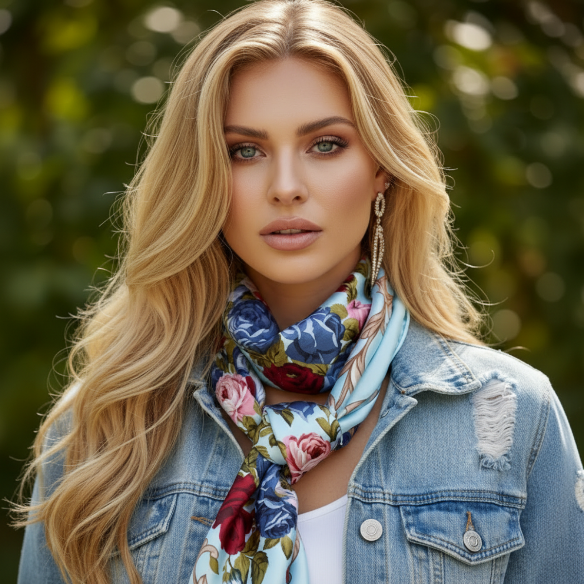 Woman wearing a floral scarf and denim jacket with a blurred green . Roses & Baroque Silk-Look Square Scarf 35" | Floral Satin Scarf blue background