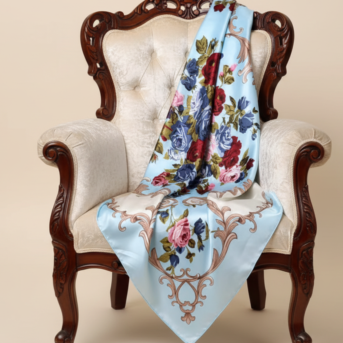 Floral-patterned blanket draped over a decorative chair with a beige .  Roses & Baroque Silk-Look Square Scarf 35" | Floral Satin Scarf blue background