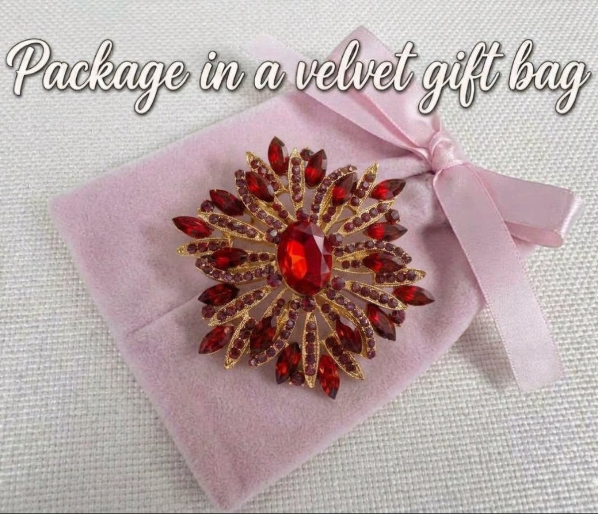 Ruby Red Sunburst Brooch - Vintage  Rhinestone Starburst Pin