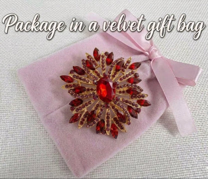 Ruby Red Sunburst Brooch - Vintage  Rhinestone Starburst Pin