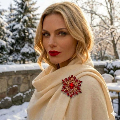 Ruby Red Sunburst Brooch - Vintage  Rhinestone Starburst Pin