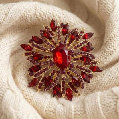 Ruby Red Sunburst Brooch - Vintage  Rhinestone Starburst Pin