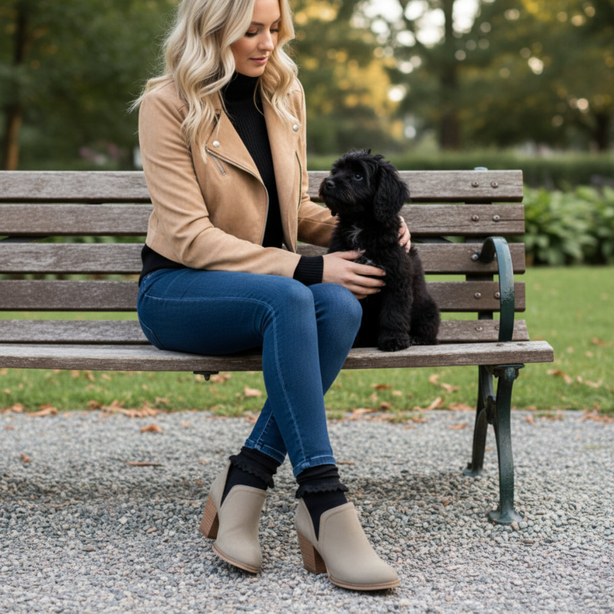Beige ankle boots with brown block heels worn with blue jeans on a gravel surface.