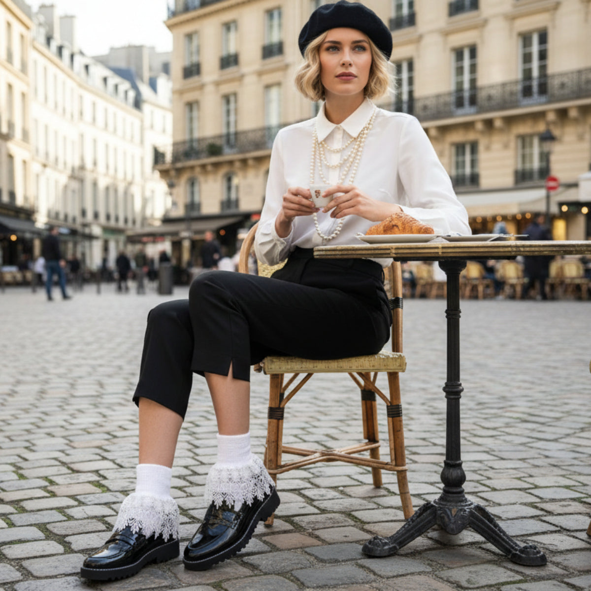 SIGNATURE  lace cuff socks - white