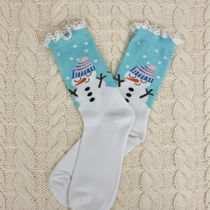 SNOWMAN holiday lace topped socks
