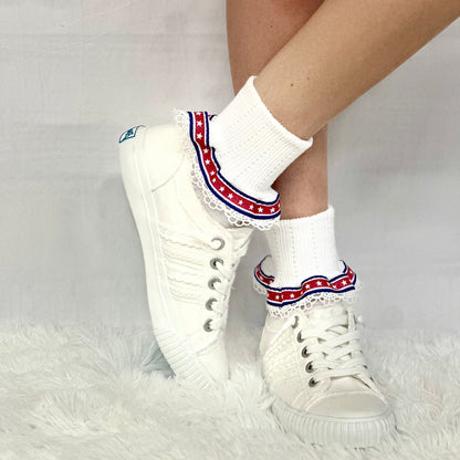 STARS and Stripes  patriotic lace cuff socks - white, American socks for women., Catherine Cole signature socks