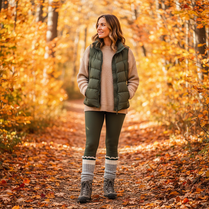 Woman standing in a forest during autumn with colorful leaves. striped boot socks for women best quality