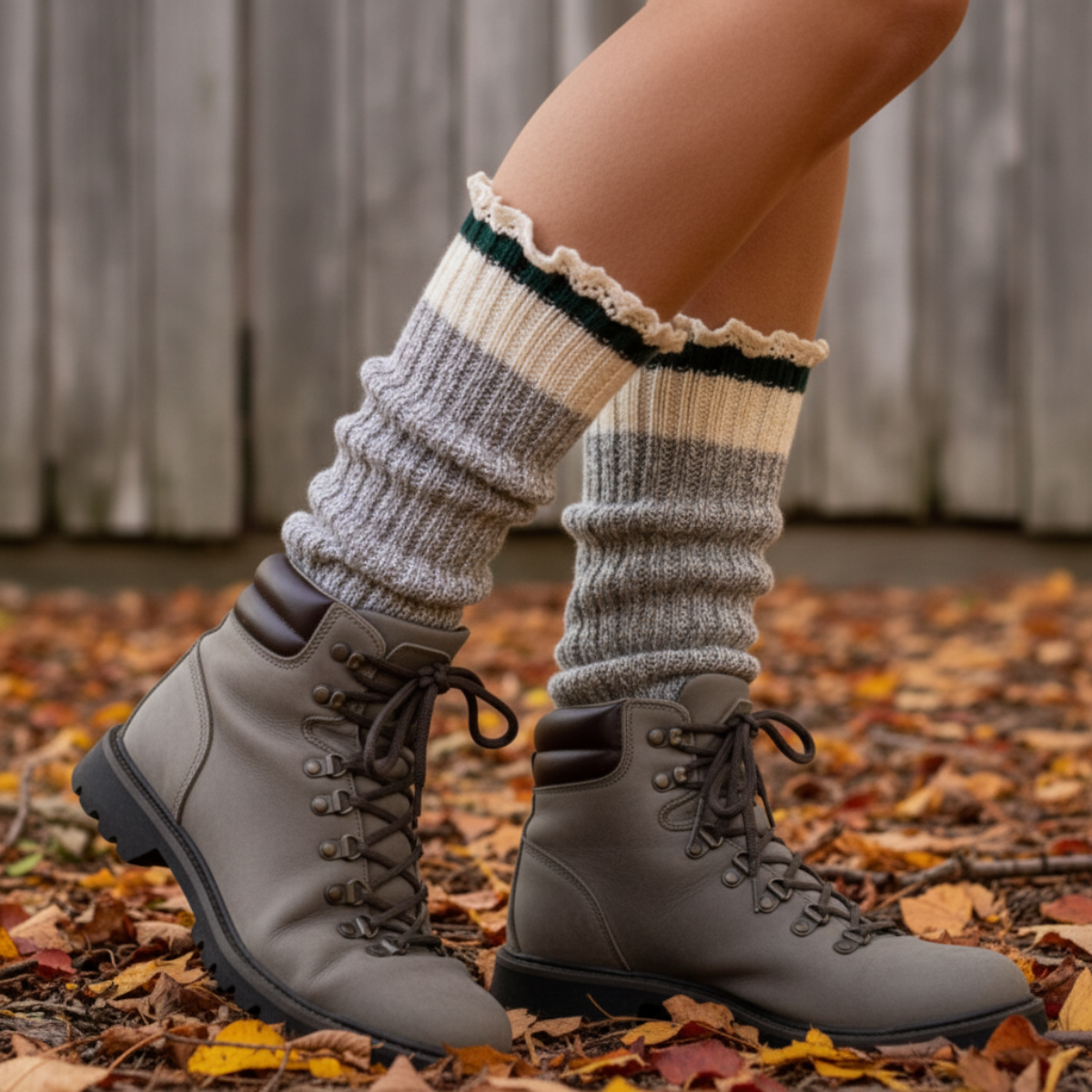 STRIPED recycled Cotton Crew Socks Lace Trim - GREEN | Made in America with premium yarn by Catherine Cole, vintage sock monkey style 
