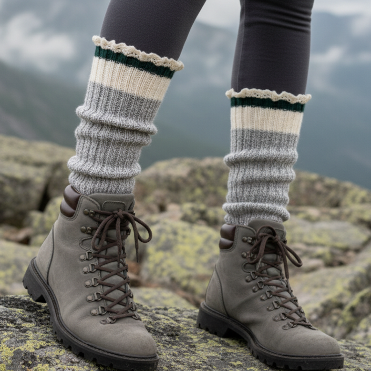 Person wearing gray hiking boots and striped leg warmers on a rocky landscape with mountains in the background. Catherine Cole cotton slouch socks.