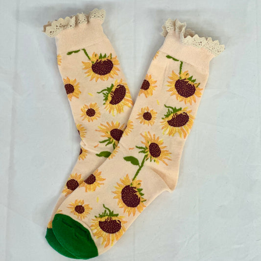 Sunflower-themed socks with lace top on a light gray background, SUNFLOWER floral lace ankle sock Catherine cole