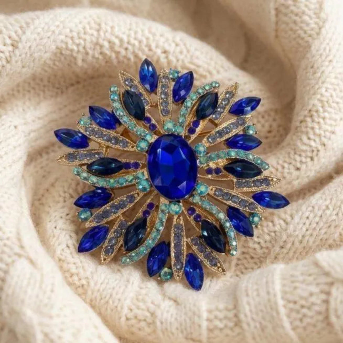 Sapphire Royal Blue  Sunburst Brooch - Vintage  Rhinestone Starburst Pin