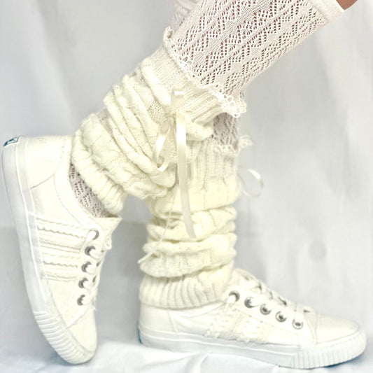 Satin bow knit leg warmers -cream-1