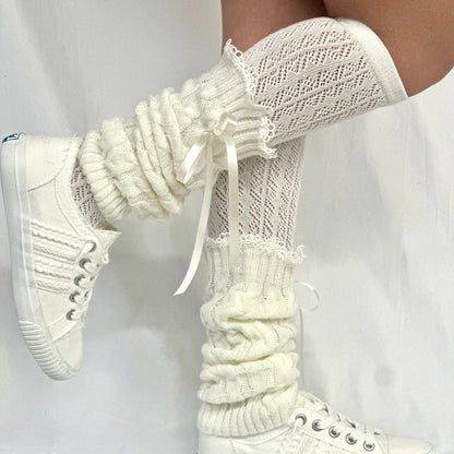 Satin bow knit leg warmers -cream