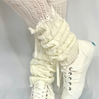 Satin bow knit leg warmers -cream
