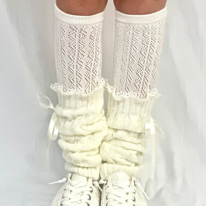 Satin bow knit leg warmers -cream
