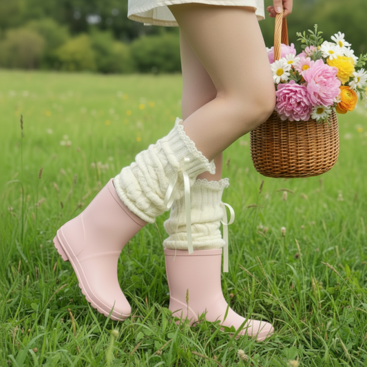 SATIN BOW Knit Leg Warmers - Cream Cable Knit Boot Socks Accessory