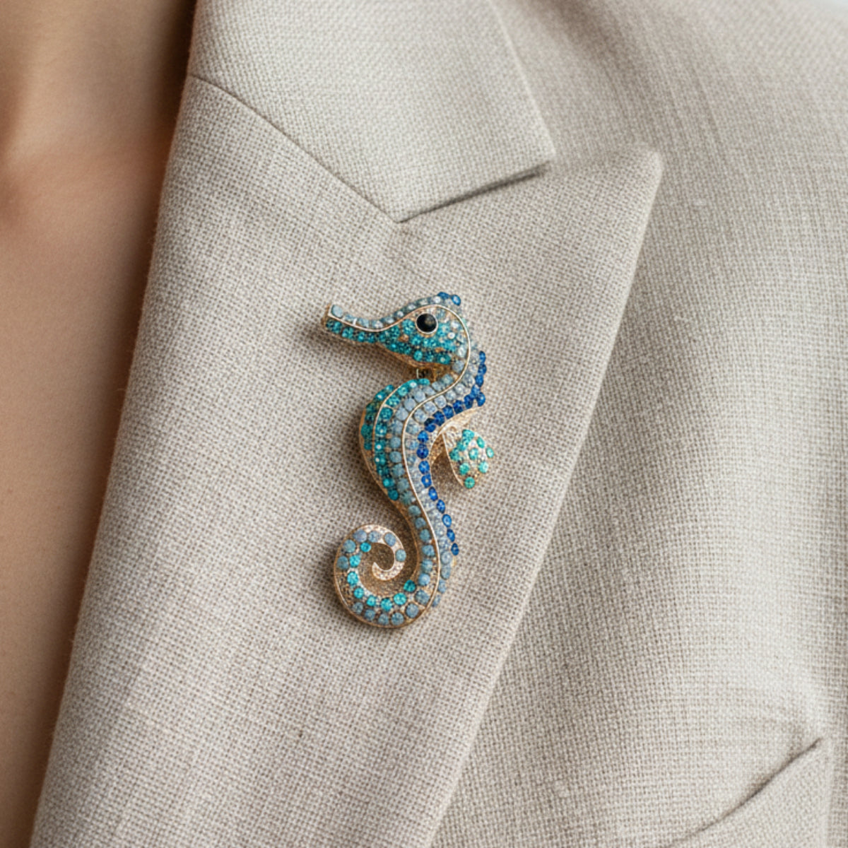 Seahorse Crystal Brooch Pin 3" | Ocean Blue Rhinestone