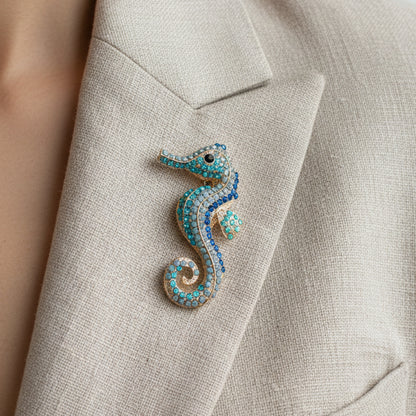 Seahorse Crystal Brooch Pin 3" | Ocean Blue Rhinestone