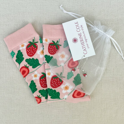 Strawberry Socks & Earrings Gift Set | Novelty Crew Socks + Strawberry Charm Earrings