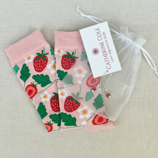 Strawberry Socks & Earrings Gift Set | Novelty Crew Socks + Strawberry Charm Earrings