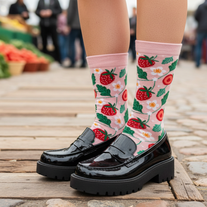 Strawberry Socks & Earrings Gift Set | Novelty Crew Socks + Strawberry Charm Earrings
