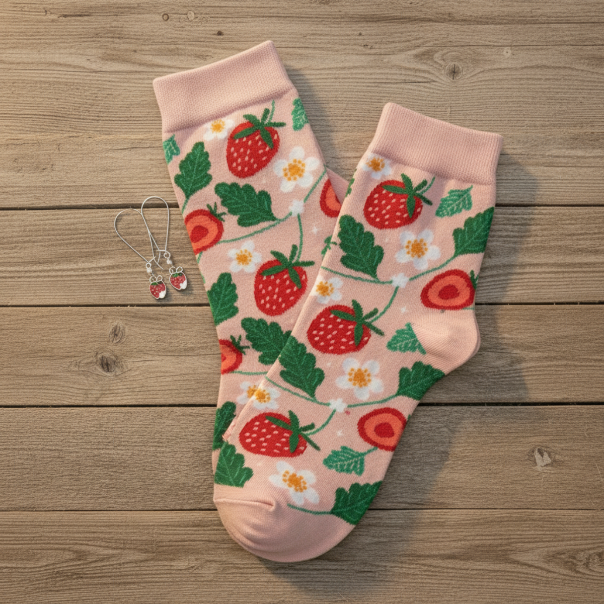 Strawberry Socks & Earrings Gift Set | Novelty Crew Socks + Strawberry Charm Earrings