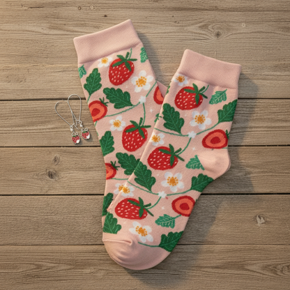 Strawberry Socks & Earrings Gift Set | Novelty Crew Socks + Strawberry Charm Earrings