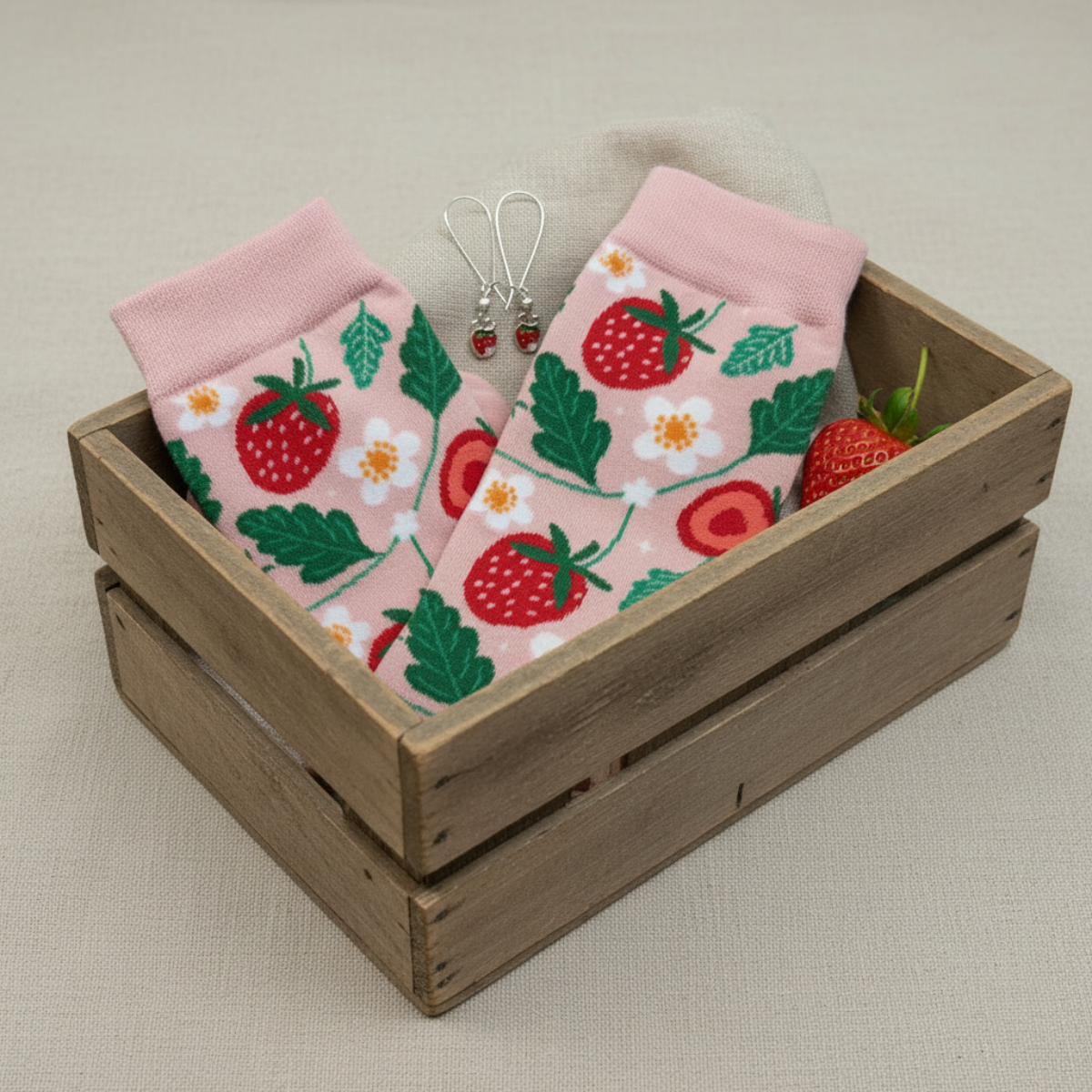 Strawberry Socks & Earrings Gift Set | Novelty Crew Socks + Strawberry Charm Earrings wooden crate