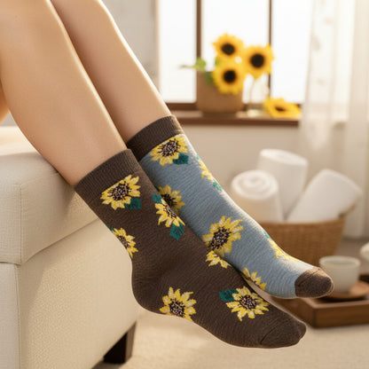 Sunflower-patterned socks in a box with sunflowers on a white background.  Sunflower Patterned Ankle Socks 5-Pack Bundle with Wish Bracelet - Women's 